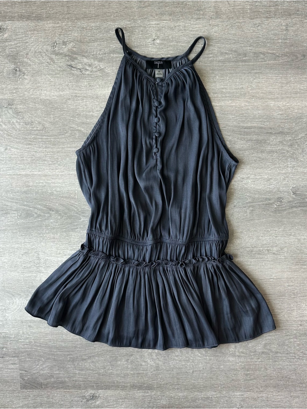 Tahari Grey Sleeveless Ruffle-Hem Halter Top